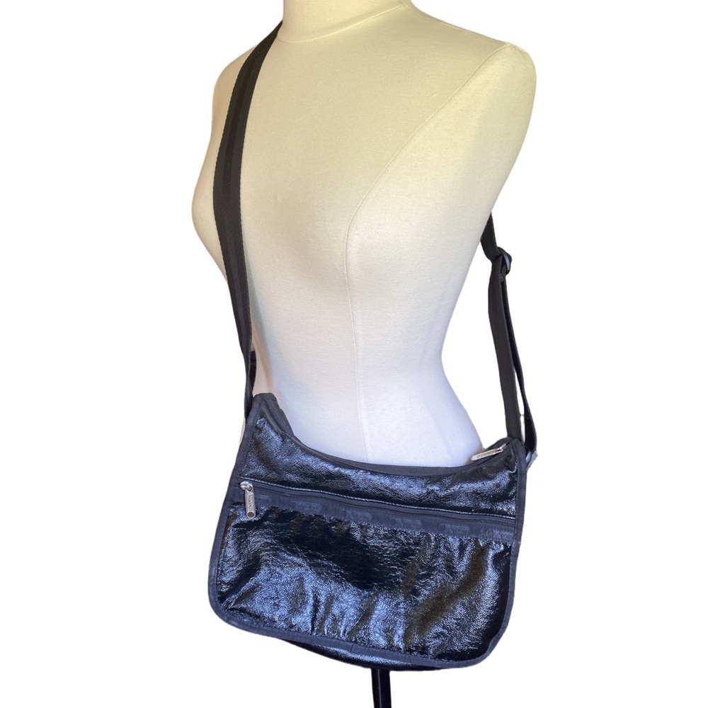 LeSportsac Crossbody Shoulder Bag Black Shiny Nylon Travel Purse Lightweight